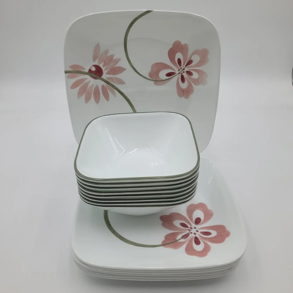 15pc Corelle Vitrelle Square Dinnerware Set Pretty Pink Flower Made in USA